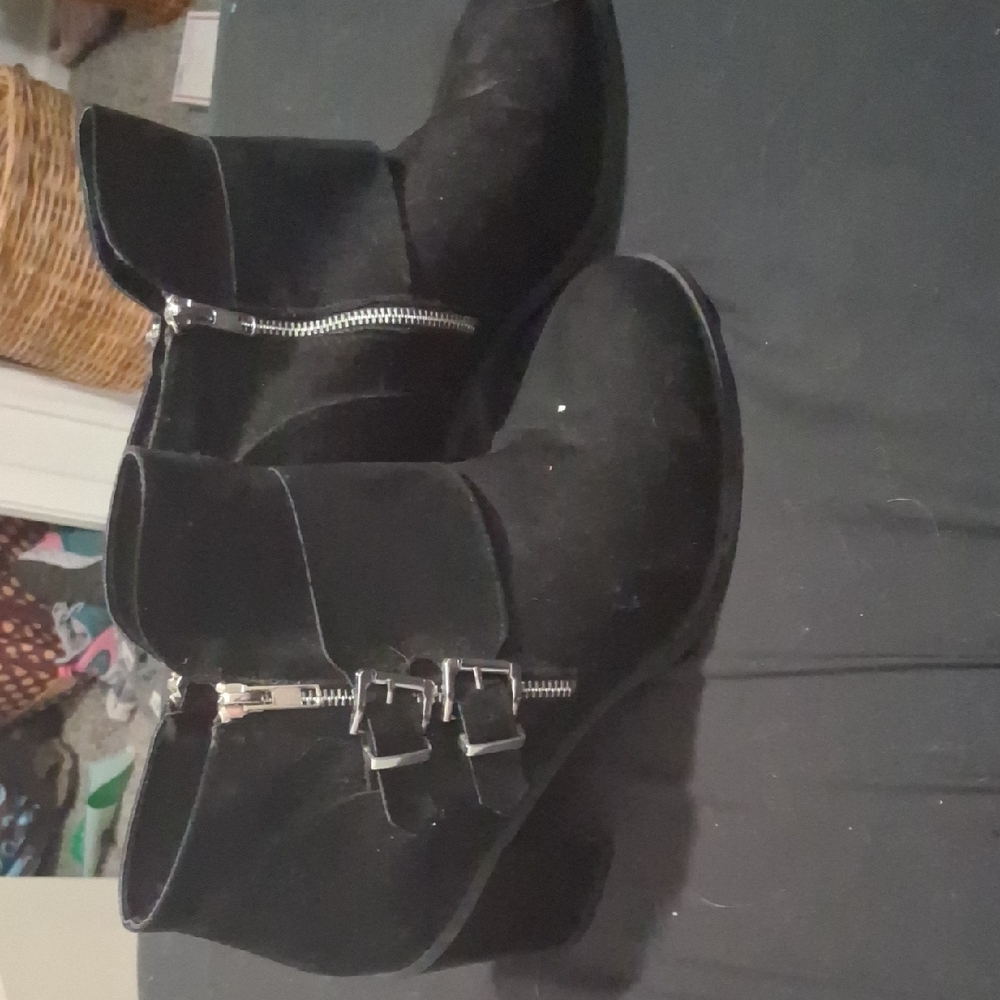Black Buckle Suede Ankle Booties with Side Zip